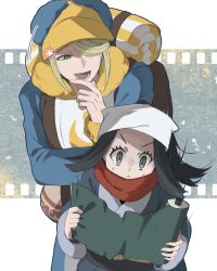 Rule 34 | 1boy, 1girl, :&lt;, akari (pokemon), bag, black hair, blonde hair, blue eyes, closed mouth, creatures (company), donguri png, galaxy expedition team survey corps uniform, game freak, ginkgo guild uniform, grey eyes, hair over one eye, head scarf, highres, holding, holding scroll, long sleeves, nintendo, open mouth, pokemon, pokemon legends: arceus, red scarf, scarf, scroll, simple background, sparkle, sweat, twitter username, volo (pokemon)