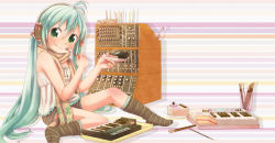Rule 34 | 1girl, :p, ahoge, cake, candle, food, fork, hatsune miku, instrument, pocky, scarf, shinryou rei, socks, solo, striped, striped background, synthesizer, tongue, tongue out, vocaloid