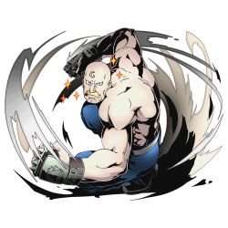 Rule 34 | 10s, 1boy, ahoge, alex louis armstrong, alpha transparency, bald, blonde hair, blue pants, divine gate, facial hair, full body, fullmetal alchemist, looking at viewer, male focus, muscular, mustache, official art, pants, shadow, solo, squatting, transparent background, ucmm