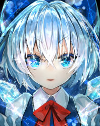 Rule 34 | 1girl, blue bow, blue eyes, blue hair, blue vest, bow, cirno, colored eyelashes, commentary, frown, haiba 09, hair bow, hexagon, highres, ice, ice wings, lens flare, portrait, puffy short sleeves, puffy sleeves, red bow, shirt, short sleeves, solo, touhou, vest, white shirt, wings