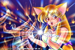 Rule 34 | 1990s (style), 1996, 1girl, 3boys, akira m, animal ears, black hair, blonde hair, blush, breasts, cat ears, cat girl, choker, cleavage, dated, dress, energy ball, fangs, fire, hair ribbon, hair tubes, headband, holding, large breasts, light, long hair, looking at viewer, multiple boys, october, open mouth, red eyes, retro artstyle, ribbon, short hair, sidelocks, smile, standing, strapless, strapless dress, teeth, topless, torch, white dress