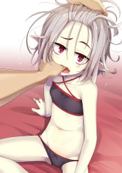 Rule 34 | 1boy, 1girl, black bra, black panties, bow, bow panties, bra, commentary request, criss-cross halter, fangs, finger in another&#039;s mouth, flat chest, halterneck, highres, looking at viewer, ogami kazuki, open mouth, original, pale skin, panties, pointy ears, raised eyebrow, red eyes, saliva, silver hair, sitting, slit pupils, solo focus, underwear, underwear only, vampire