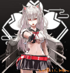 Rule 34 | 1girl, animal ears, azur lane, bare shoulders, belt, black bow, black skirt, blurry, blurry background, bow, braid, breasts, buckle, cannon, cat ears, crop top, crop top overhang, dated, fang, finger gun, groin, hair bow, kdm (ke dama), long hair, looking at viewer, medium breasts, miniskirt, nail polish, navel, parted lips, pleated skirt, pointing, pointing at viewer, red lips, red skirt, ribbon, rigging, sailor collar, sidelocks, silver hair, skirt, smile, solo, stomach, torpedo launcher, twintails, underboob, yuudachi (azur lane)