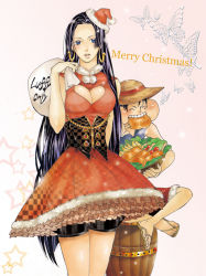 Rule 34 | black hair, blush, boa hancock, breasts, bug, butterfly, christmas, cleavage, dress, earrings, eating, food, hat, bug, jewelry, large breasts, long hair, meat, monkey d. luffy, one piece, santa costume, santa hat, straw hat