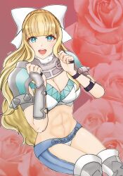 Rule 34 | 1girl, armor, bikini armor, blonde hair, blue eyes, bow, breasts, charlotte (fire emblem), cleavage, e m a, fire emblem, fire emblem fates, hair bow, highres, large breasts, nintendo, pauldrons, shoulder armor, solo, wavy hair, white bow