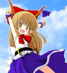 Rule 34 | 1girl, :d, arms up, blonde hair, blue skirt, blush, bow, bowtie, chain, clenched hands, female focus, hair bow, horns, ibuki suika, kazami ruku, long hair, looking at viewer, oni, open mouth, red bow, red bowtie, shirt, skirt, sleeveless, sleeveless shirt, smile, solo, touhou, very long hair, white shirt, yellow eyes
