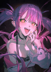 Rule 34 | 1girl, absurdres, bare shoulders, black camisole, black choker, blush, breasts, camisole, choker, cleavage, crazy smile, ear bar, ear piercing, fangs, green eyes, green nails, hair ornament, hairclip, hand up, heart, heart-shaped pupils, highres, hololive, jacket, long sleeves, medium breasts, mr.lime, multicolored nails, o-ring, o-ring choker, off-shoulder jacket, off shoulder, open mouth, piercing, pink nails, puffy long sleeves, puffy sleeves, purple hair, smile, solo, symbol-shaped pupils, tokoyami towa, tokoyami towa (1st costume), tongue, tongue out, twintails, upper body, virtual youtuber, white jacket