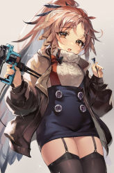 Rule 34 | 1girl, absurdres, arknights, bad id, bad pixiv id, beige sweater, black thighhighs, blue skirt, brown eyes, brown jacket, buttons, cable, commentary, cowboy shot, diffraction spikes, feather hair, garter straps, gradient background, grey background, gun, highres, holding, holding cable, holding gun, holding weapon, ishida umi, jacket, legs together, long hair, looking at viewer, mole, mole under eye, nail gun, open clothes, open jacket, open mouth, orange hair, pencil skirt, pinecone (arknights), ponytail, simple background, skirt, solo, sparkle, suspender skirt, suspenders, thighhighs, thighs, twitter username, weapon, zettai ryouiki