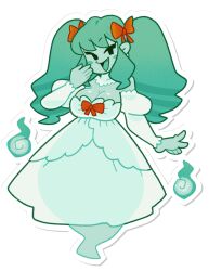 1girl black_eyes bow bow_(paper_mario) breasts cleavage dress drill_hair fang full_body green_hair hair_bow large_breasts long_hair long_sleeves mario_(series) nintendo open_mouth paper_mario personification red_bow shioinu_kemushi sidelocks solo twin_drills white_dress