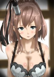 Rule 34 | 10s, 1girl, absurdres, bare shoulders, blue eyes, blush, breasts, brown hair, cleavage, collarbone, commentary request, cowboy shot, eyebrows, highres, kantai collection, large breasts, long hair, looking at viewer, ponytail, saratoga (kancolle), shiny skin, side ponytail, solo, tama (tamago), underwear, upper body