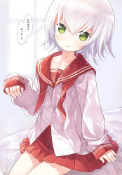 Rule 34 | 1girl, :o, alternate costume, capriccio, commentary request, fate/grand order, fate (series), flat chest, green eyes, heart, heart-shaped pupils, jack the ripper (fate/apocrypha), looking at viewer, miniskirt, neckerchief, no bra, pleated skirt, red skirt, sailor collar, scar, scar across eye, scar on face, school uniform, serafuku, short hair, silver hair, skirt, sleeves past wrists, solo, symbol-shaped pupils, translated