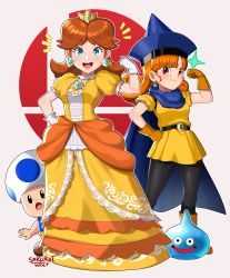 Rule 34 | 1boy, 2girls, absurdres, alena (dq4), arm up, artist name, belt, black eyes, black pantyhose, blank eyes, blue cape, blue eyes, blue headwear, blunt bangs, blush, boots, breasts, brooch, brown footwear, brown hair, cape, clenched hands, closed mouth, crossover, crown, dragon quest, dragon quest iv, dress, earrings, female focus, flexing, flipped hair, flower earrings, frilled dress, frilled sleeves, frills, full body, gem, gloves, green gemstone, hand on own hip, happy, hat, hiding, hiding behind another, highres, jewelry, light blush, long dress, long hair, looking at viewer, mario (series), medium hair, mini crown, multiple girls, nintendo, notice lines, orange gloves, orange hair, outline, pantyhose, parted bangs, peeking out, princess daisy, puffy short sleeves, puffy sleeves, red eyes, red gemstone, sarukaiwolf, short dress, short sleeves, sidelocks, signature, slime (creature), slime (dragon quest), small breasts, smile, standing, super mario land, super smash bros., super smash bros. logo, teeth, toad (mario), trait connection, transparent, v-shaped eyebrows, white gloves, white outline, yellow dress, yellow headwear