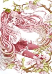 Rule 34 | 1girl, arihato, cherry, cherry blossoms, detached sleeves, food, fruit, hatsune miku, headset, long hair, name connection, necktie, object namesake, pink eyes, pink hair, sakura miku, sitting, skirt, smile, solo, thighhighs, twintails, very long hair, vocaloid