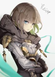 Rule 34 | 1girl, bad id, bad pixiv id, black gloves, blue eyes, blurry, blurry background, blurry foreground, breasts, brown capelet, brown hair, capelet, closed mouth, commentary request, depth of field, fingerless gloves, gloves, green hair, gretel (sinoalice), grey background, highres, hood, hood down, hooded capelet, hoshizaki reita, looking at viewer, male focus, multicolored hair, shirt, signature, simple background, sinoalice, small breasts, solo, two-tone hair, upper body, white shirt