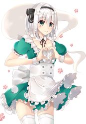 Rule 34 | 1girl, adapted costume, alternate costume, apron, black hairband, blush, cowboy shot, detached collar, dress, enmaided, ghost, green dress, green eyes, hair ribbon, hairband, heart, heart hands, highres, konpaku youmu, looking at viewer, maid, myon (phrase), neck ribbon, pleated dress, puffy short sleeves, puffy sleeves, ribbon, sakuramochi usa, short hair, short sleeves, skirt, skirt set, smile, solo, standing, thighhighs, touhou, vest, white apron, white hair, white thighhighs, wrist cuffs, zettai ryouiki