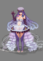 Rule 34 | 1girl, absurdres, alternate costume, black gloves, blue bow, blunt bangs, bow, breasts, commentary request, cookie (touhou), d tomoki, dress, elbow gloves, full body, gloves, grey background, hair bow, highres, long hair, looking at viewer, medium breasts, parted lips, patchouli knowledge, pink bow, purple eyes, purple hair, purple legwear, see-through, see-through dress, simple background, slime (substance), smile, solo, squid, strapless, strapless dress, taisa (cookie), tentacle hair, tentacles, toeless legwear, touhou, white dress