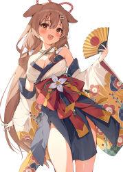 Rule 34 | 1girl, alternate costume, alternate hair length, alternate hairstyle, bare legs, black skirt, blush, bone hair ornament, bow, breasts, brown hair, cleavage, commentary request, cowboy shot, criss-cross halter, detached sleeves, fang, floral print, folding fan, furisode, hair between eyes, hair bobbles, hair ornament, hair ribbon, halterneck, hana mori, hand fan, happy new year, highres, holding, holding fan, hololive, inugami korone, inugami korone (new year), japanese clothes, kimono, kouhaku nawa, long hair, looking at viewer, medium breasts, new year, obi, open mouth, pelvic curtain, red bow, red eyes, ribbon, rising sun flag, rope, sash, shimenawa, sidelocks, simple background, skin fang, skirt, smile, solo, sunburst, thighs, tress ribbon, virtual youtuber, white background, white kimono, wide sleeves