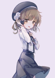 Rule 34 | 1girl, :d, beret, black bow, black hat, black ribbon, black skirt, blush, bow, brown eyes, brown hair, collared shirt, commentary request, flower, hair rings, hat, hat flower, hatoba tsugu, long sleeves, looking at viewer, mole, mole under eye, open mouth, purple background, ribbon, rose, shirt, simple background, skirt, smile, solo, suspender skirt, suspenders, virtual youtuber, wami, white flower, white rose, white shirt