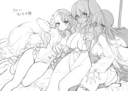 Rule 34 | 3girls, armpits, arms behind back, ass, azur lane, bikini, blush, braid, breasts, criss-cross halter, emile bertin (azur lane), emile bertin (cote d&#039;azur) (azur lane), frills, greyscale, groin, halterneck, hat, hermione (azur lane), hermione (pure white holiday) (azur lane), large breasts, long hair, looking at viewer, monochrome, multiple girls, official alternate costume, one-piece swimsuit, parted bangs, ribbon, richelieu (azur lane), richelieu (fleuron of the waves) (azur lane), single braid, sketch, smile, sun hat, swimsuit, thighs, ygcn