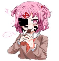 Rule 34 | ..., 1girl, ^^^, biting, blazer, blush, bob cut, bow, bowtie, breasts, bright pupils, brown jacket, candy, candy bar, chocolate, collared shirt, commentary, cropped torso, doki doki literature club, dress shirt, eating, flying sweatdrops, food, food on face, furrowed brow, glitch, hair ornament, hair ribbon, holding, holding candy, holding chocolate, holding food, jacket, korean commentary, looking at viewer, natsuki (doki doki literature club), neck ribbon, orange sweater vest, pink eyes, pink hair, red bow, red bowtie, red ribbon, ribbon, school uniform, shirt, short hair, simple background, small breasts, solo, speech bubble, spoken ellipsis, sweatdrop, sweater vest, ting mong, two side up, upper body, white background, white shirt, x hair ornament