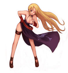 Rule 34 | 1girl, blonde hair, blue eyes, jenet behrn, breasts, cleavage, dress, fatal fury, fingerless gloves, gloves, kara (color), large breasts, long hair, garou: mark of the wolves, one eye closed, pirate, pointing, smile, snk, solo, the king of fighters, wind, wink