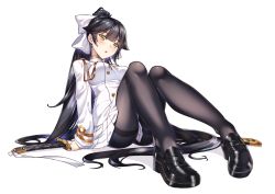 Rule 34 | 1girl, aiguillette, azur lane, bad id, bad pixiv id, black footwear, black hair, black pantyhose, blunt bangs, blush, bow, breasts, full body, hair bow, hair flaps, highres, katana, knees together feet apart, knees up, legs, loafers, long hair, looking at viewer, medium breasts, pantyhose, parted lips, ponytail, sheath, sheathed, shirokuma a, shoes, sidelocks, simple background, sitting, solo, sword, takao (azur lane), thighband pantyhose, thighs, very long hair, weapon, white background, white bow, yellow eyes
