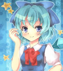 Rule 34 | 1girl, blue background, blue bow, blue dress, blue eyes, blue hair, bow, bowtie, breasts, cirno, closed mouth, collared shirt, detached wings, dress, hair bow, looking at viewer, medium breasts, pinafore dress, puffy short sleeves, puffy sleeves, red bow, red bowtie, sakurada (bannymilk), shirt, short hair, short sleeves, simple background, sleeveless dress, smile, solo, star (symbol), striped, striped background, touhou, upper body, v-shaped eyebrows, vertical stripes, white shirt, wings