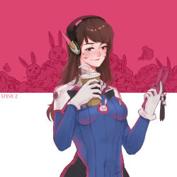 Rule 34 | 1girl, animal print, armor, artist name, bandaid, bandaid on cheek, bandaid on face, bodysuit, bracer, breasts, breasts apart, brown eyes, brown hair, cellphone, charm (object), closed mouth, covered navel, cup, d.va (overwatch), drinking straw, facepaint, facial mark, gloves, hands up, headphones, highres, holding, holding cup, holding phone, long hair, long sleeves, medium breasts, overwatch, overwatch 1, pauldrons, phone, pilot suit, rabbit print, ribbed bodysuit, shoulder armor, shoulder pads, skin tight, smartphone, smartphone case, smile, solo, steve zheng, stuffed animal, stuffed rabbit, stuffed toy, turtleneck, upper body, whisker markings, white gloves