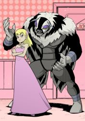 Rule 34 | 1boy, 1girl, age difference, angry, blonde hair, cartoon network, crossed arms, dc comics, dress, father and daughter, high heels, killer moth, kitten (teen titans), mask, pink dress, pink footwear, shoes, size difference, teen titans, umibito, wings