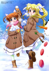 Rule 34 | 2girls, absurdres, black legwear, blurry, carrot, copyright name, dated, day, depth of field, fate testarossa, from side, full body, head tilt, highres, hood, hooded coat, lyrical nanoha, mahou shoujo lyrical nanoha, multiple girls, official art, outdoors, pantyhose, parted bangs, pocket, school uniform, standing, standing on one leg, surprised, takamachi nanoha, wide-eyed