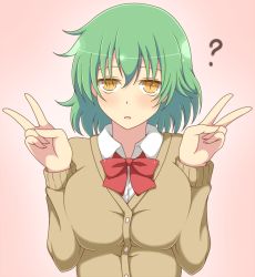 Rule 34 | 10s, 1girl, ?, blush, bow, bowtie, breasts, buttons, cardigan, double v, green hair, hikage (senran kagura), ichiryuu tsumiki, large breasts, looking at viewer, parted lips, red bow, red bowtie, school uniform, senran kagura, short hair, solo, upper body, v, yellow eyes