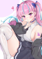 Rule 34 | 1girl, absurdres, ahoge, black dress, black jacket, blue hair, blunt bangs, bow, braid, breasts, cat, choker, circle, closed mouth, collared dress, colored inner hair, commentary, dress, finger to mouth, hair bow, heart, highres, hololive, index finger raised, jacket, knees up, kusana (dudqja602), looking at viewer, medium breasts, minato aqua, multicolored hair, nail polish, purple hair, sideboob, simple background, smile, solo, streaked hair, tattoo, thighhighs, thighs, twintails, two-tone dress, two-tone hair, virtual youtuber, white background, white dress, white thighhighs
