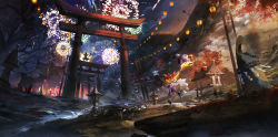 Rule 34 | 1other, 5girls, aerial fireworks, architecture, autumn leaves, bare tree, black footwear, blonde hair, bow, building, chain, chinese commentary, commentary request, east asian architecture, falling leaves, fireworks, gourd, hair bow, hakurei reimu, hakurei shrine, highres, horn ornament, horn ribbon, horns, ibuki suika, inaba tewi, kirisame marisa, lantern, leaf, long hair, low-tied long hair, maple leaf, mountain, multiple girls, night, oni horns, paper lantern, purple ribbon, purple skirt, red bow, reisen udongein inaba, ribbon, ribbon-trimmed skirt, ribbon trim, rock, rope, running, scenery, shide, shimenawa, shirt, shoes, shrine, signature, silhouette, skirt, stone lantern, stu dts, torii, touhou, tree, very long hair, very wide shot, white shirt