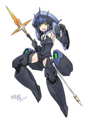 Rule 34 | 10s, 1girl, armor, bare shoulders, black armor, black gloves, blue hair, breasts, commentary request, darling in the franxx, dated, delphinium (darling in the franxx), floating, flying, full armor, gloves, green eyes, hair between eyes, holding, holding polearm, holding spear, holding weapon, ichigo (darling in the franxx), looking at viewer, mecha musume, open mouth, polearm, short hair, shoulder armor, signature, simelu, small breasts, smile, solo, spear, teeth, thighs, weapon, white background