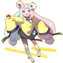 Rule 34 | 1girl, blue hair, bow-shaped hair, character hair ornament, creatures (company), game freak, gen 1 pokemon, grey footwear, grey pantyhose, hair ornament, hexagon print, highres, iono (pokemon), jacket, long hair, looking at viewer, low-tied long hair, magnemite, mauyu, multicolored hair, nintendo, oversized clothes, pantyhose, pink eyes, pink hair, poke ball, pokemon, pokemon sv, sharp teeth, single leg pantyhose, sleeves past fingers, sleeves past wrists, smile, teeth, twintails, two-tone hair, very long hair, very long sleeves, yellow jacket