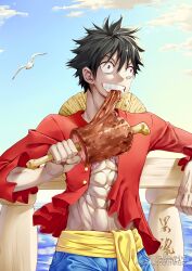 Rule 34 | 1boy, absurdres, animal, artist name, bird, biting, black hair, boned meat, chinese text, cloud, cloudy sky, eating, facial scar, food, hat, heiran (artist), highres, holding, holding food, long sleeves, male focus, meat, monkey d. luffy, ocean, one piece, open clothes, outdoors, red shirt, scar, scar on cheek, scar on chest, scar on face, shirt, short hair, sky, smile, solo, straw hat, teeth, third-party source, unworn hat, unworn headwear, water