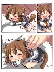 Rule 34 | 1boy, 1girl, = =, admiral (kancolle), anchor symbol, animal ear fluff, animal ears, barefoot, brown hair, chibi, closed eyes, closed mouth, commentary request, fang, fingernails, grey sailor collar, grey skirt, hair between eyes, hair ornament, hairclip, ikazuchi (kancolle), indoors, kantai collection, kemonomimi mode, lap pillow, long sleeves, mini person, minigirl, neckerchief, open mouth, oshiruko (uminekotei), pleated skirt, red neckerchief, sailor collar, school uniform, serafuku, shirt, sitting, skirt, sleepy, tail, translation request, white shirt, wooden floor