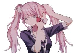 Rule 34 | 1girl, :/, adjusting hair, aima (a 1ma), black shirt, bow, breasts, cleavage, closed mouth, collarbone, cosplay, danganronpa: trigger happy havoc, danganronpa (series), enoshima junko, enoshima junko (cosplay), freckles, hair ornament, highres, ikusaba mukuro, long hair, medium breasts, nail polish, necktie, rabbit hair ornament, red nails, shirt, short sleeves, simple background, skirt, twintails, upper body, white background