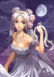 Rule 34 | 1990s (style), 1girl, aged up, bare shoulders, bishoujo senshi sailor moon, blue eyes, breasts, cleavage, crescent, crescent facial mark, crown, double bun, dress, facial mark, flower, forehead mark, grey hair, hair bun, hair flower, hair ornament, holding, holding own hair, jewelry, large breasts, lips, long hair, moon, necklace, neo queen serenity, pearl necklace, pink flower, pink rose, princess serenity, purple theme, queen serenity, retro artstyle, rose, solo, sparkle, strapless, strapless dress, tiara, tsukino usagi, twintails, white hair, yukiusagi1983