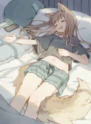 Rule 34 | 1girl, absurdres, animal ears, black shirt, brown hair, closed eyes, commentary, drooling, feet out of frame, grey shorts, highres, komerina, long hair, lying, midriff, mouth drool, navel, on back, open mouth, original, shirt, short shorts, short sleeves, shorts, single bare shoulder, sleeping, tail