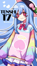 Rule 34 | 1girl, :d, alternate costume, black headwear, blue background, blue hair, bow, bowtie, character name, clothes writing, cloud, contemporary, cowboy shot, food, fruit, hair between eyes, halo, heart, heart-shaped pupils, highres, hinanawi tenshi, keystone, kyouda suzuka, long hair, long sleeves, looking at viewer, miniskirt, multicolored clothes, open mouth, outline, peach, puffy sleeves, rainbow order, red bow, red bowtie, red eyes, simple background, skirt, smile, solo, standing, sweater, symbol-shaped pupils, touhou, twitter username, white outline, white skirt