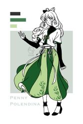 Rule 34 | 1girl, absurdres, alternate costume, arm at side, black footwear, bow, character name, chinese clothes, closed mouth, duijin ruqun, earrings, english text, fatrabbitr, freckles, full body, green skirt, green theme, hair bow, hand up, hanfu, high heels, highres, jewelry, layered sleeves, long hair, long sleeves, looking at viewer, pants, penny polendina, ribbon, rwby, shirt, shoes, short over long sleeves, short sleeves, skirt, smile, solo, standing, white background, white eyes, white hair