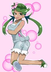 Rule 34 | 1girl, artist request, ass, breasts, creatures (company), eyebrows, game freak, green eyes, green hair, highres, long hair, mallow (pokemon), matching hair/eyes, nintendo, open mouth, overalls, pokemon, pokemon sm, solo, teeth, twintails