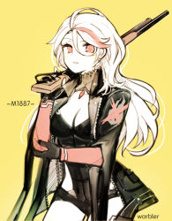 Rule 34 | 1girl, artist name, breasts, character name, cleavage, cleavage cutout, clothing cutout, earrings, girls&#039; frontline, gun, jacket, jewelry, lever action, long hair, looking at viewer, m1887 (girls&#039; frontline), multicolored hair, parted lips, red eyes, shotgun, solo, streaked hair, warbler, weapon