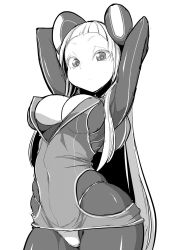 Rule 34 | 1girl, arms behind head, bodysuit, breasts, cleavage, dress, electro emilia, greyscale, ken (koala), large breasts, long hair, looking at viewer, monochrome, original, panties, short dress, simple background, skin tight, solo, underwear, white background