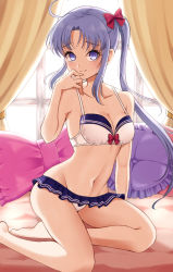 Rule 34 | 1girl, akitsushima (kancolle), barefoot, blush, bra, breasts, cleavage, closed mouth, collarbone, curtains, groin, kantai collection, light purple hair, long hair, looking at viewer, navel, purple eyes, side ponytail, small breasts, solo, underwear, underwear only, white bra, window, yomogi dango