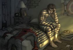 Rule 34 | 1boy, barefoot, bed, bodysuit, brick wall, brown eyes, brown hair, camera, captain america, glasses, kuroi-tsuki, lamp, leaning, male focus, marvel, mary jane watson, peter parker, photo (object), poster (medium), topless male, sitting, solo, spider-man, spider-man (series)