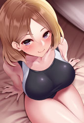 Rule 34 | 1girl, bare arms, bare shoulders, black one-piece swimsuit, blush, breasts, brown hair, closed mouth, collarbone, commentary request, competition swimsuit, from above, huyumitsu, large breasts, looking at viewer, one-piece swimsuit, original, purple eyes, sitting, smile, solo, swimsuit, thighs