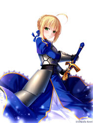 Rule 34 | 1girl, ahoge, armor, armored dress, artist name, artoria pendragon (fate), blonde hair, caliburn (fate), drawing sword, dress, excalibur (fate/stay night), fate/stay night, fate (series), faulds, gauntlets, grandia bing, green eyes, holding, holding sword, holding weapon, saber (fate), sheath, solo, sword, third-party source, twitter username, unsheathing, weapon