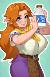 Rule 34 | 1girl, alternate breast size, blue eyes, blush, bottle, breasts, commentary, dress, english commentary, highres, huge breasts, long hair, looking at viewer, malon, milk, milk bottle, nintendo, orange hair, pointy ears, riz, simple background, smile, solo, the legend of zelda, the legend of zelda: ocarina of time